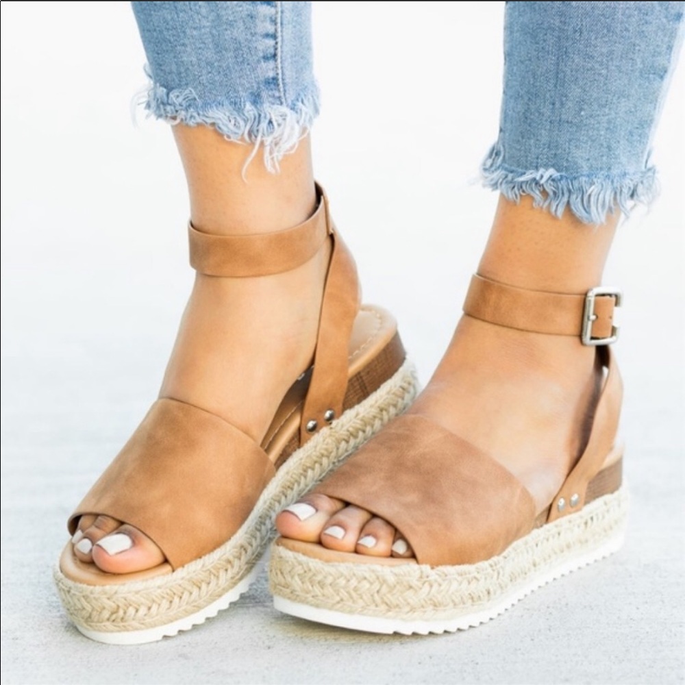 Vegan leather cognac wedges